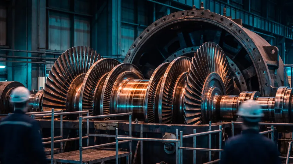 Rotor de una turbina de vapor abierto durante una revisión.
